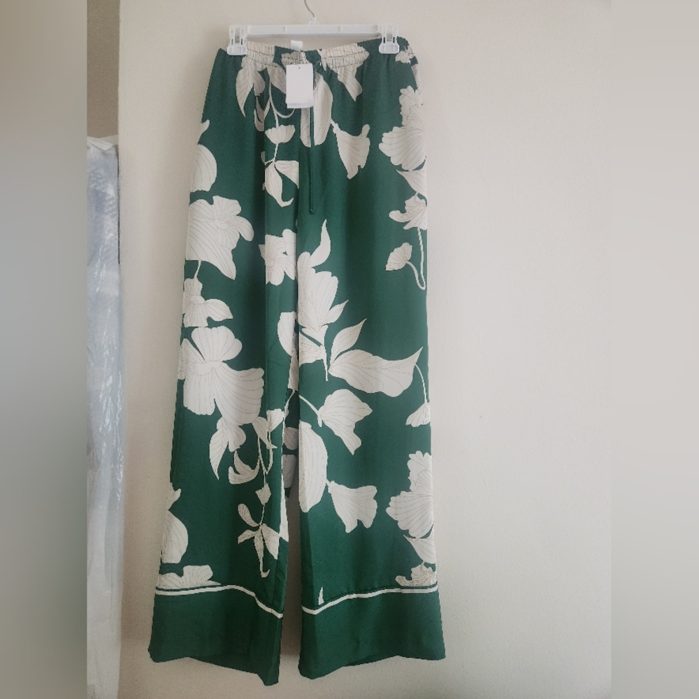 H&m Co-ord Set pajama style shirt × flowy pants floral green ecru BNWT - Picture 13 of 15